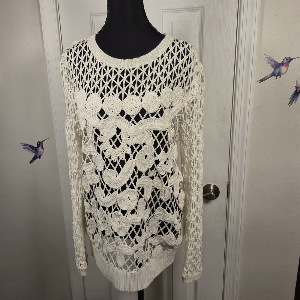 Next White Boho Chic Intricate Floral Crochet Knit Open Weave Sweater Size L - Picture 2 of 8
